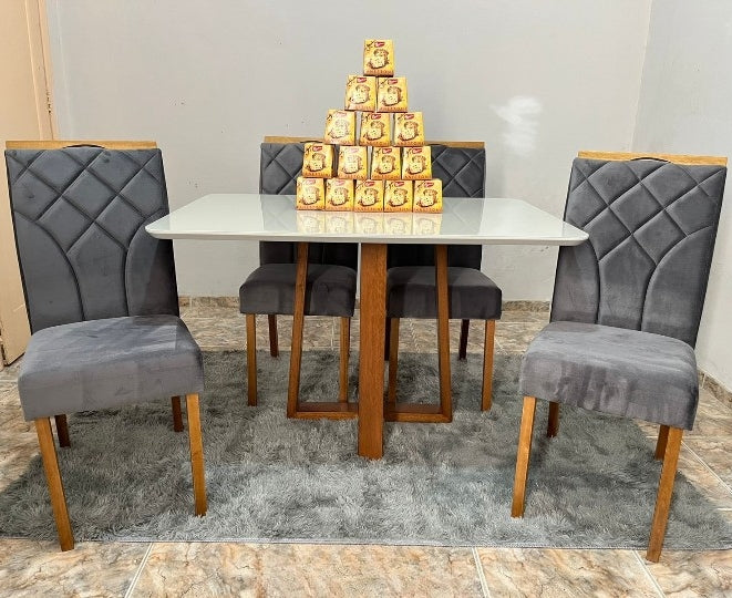 Mesa Pedro 120 Mel/Off White com 4 Cadeiras Stella Veludo Grafite - Móveis furniture