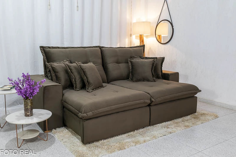 Sofá Retrátil Reclinável Ferrara 2.50m Veludo Marrom D33 e Molas Ensacadas - Móveis furniture