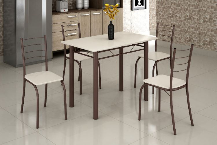 Mesa Rio 100x60 Marrom Tmp Ardosia Off White e 4 Cadeiras Rio Marrom Assento Off White Teixeira