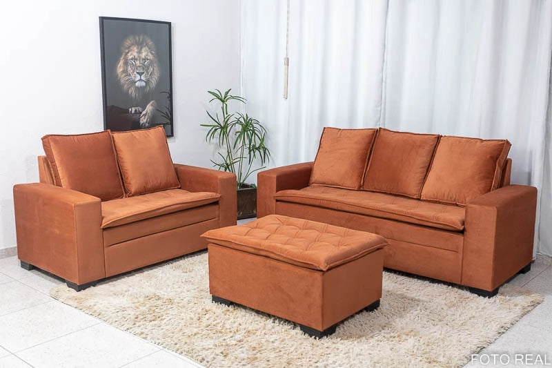 Sofá 3 e 2 lugares França com Puff Veludo Terracota A33 - Móveis furniture