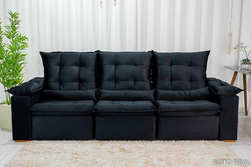 Sofá Retrátil Reclinável Madri 2.70m Veludo Preto - Móveis furniture