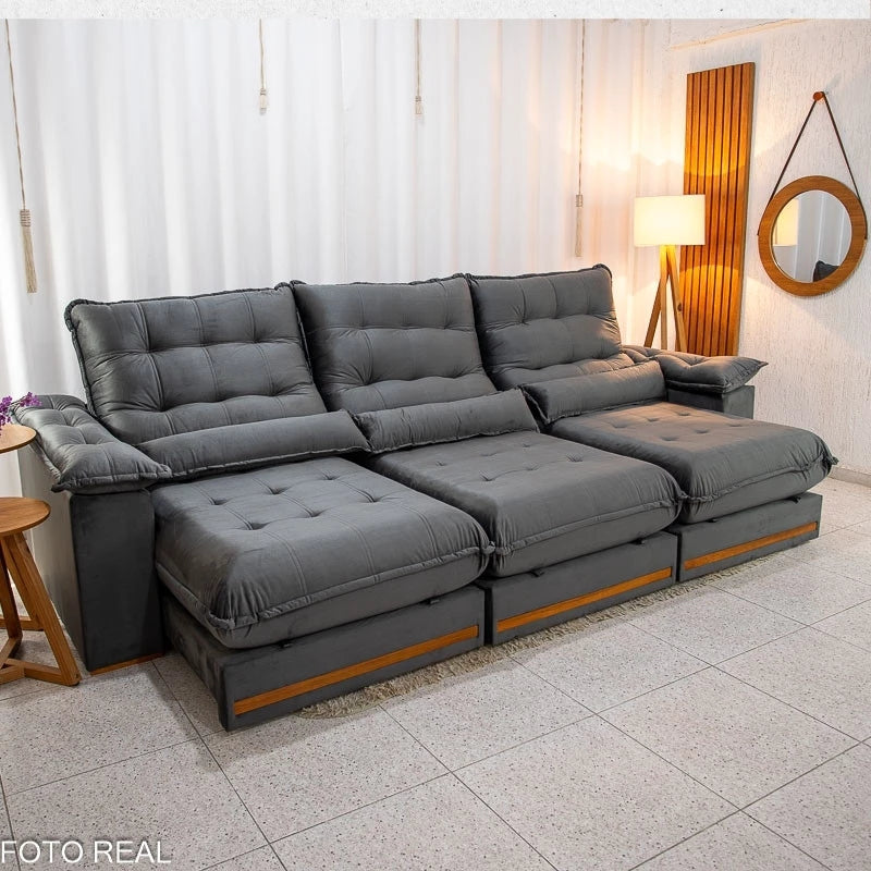Sofá Retrátil Reclinável Istambul 3.20m Veludo Cinza 403 - Espuma D33