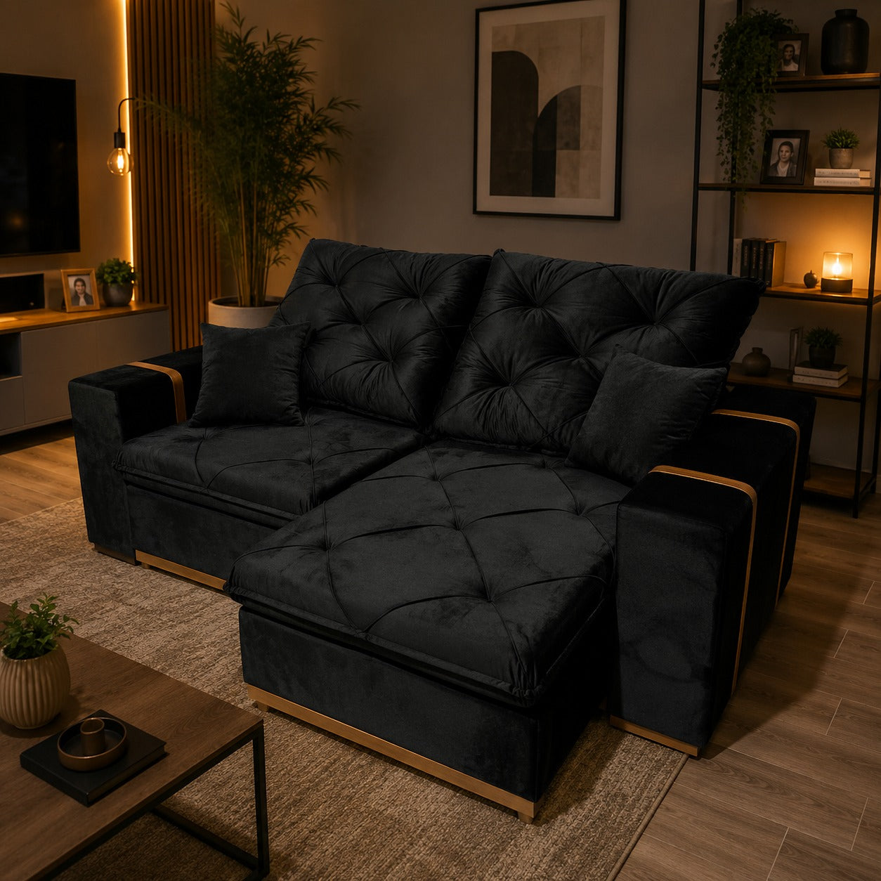 Sofá Retrátil e Reclinável MJ126/Gran Bello 2,20 m Veludo Preto 1003 – MAJESTOSO ESTOFADOS