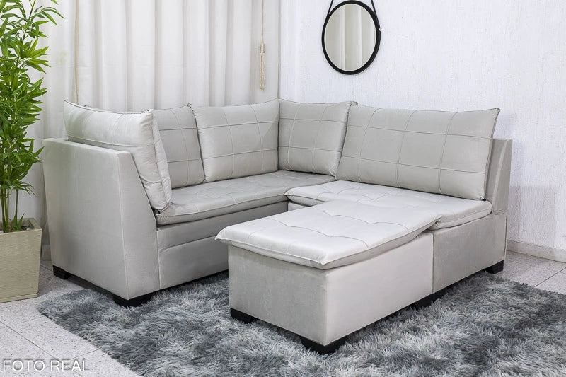 Sofá Canto 5 lugares com Puff Viena Veludo Bege - Móveis furniture