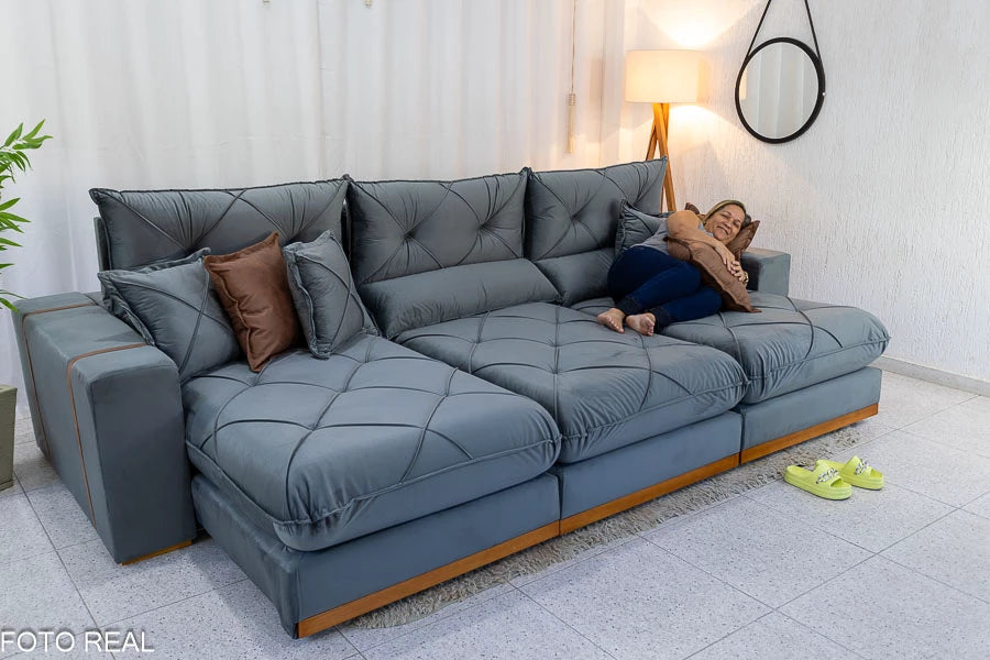 Sofá Retrátil Reclinável Gran Bello 3.20m Veludo Cinza - D33 e Molas Ensacadas