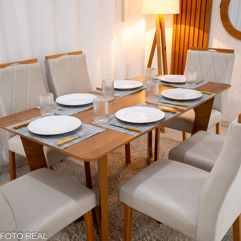 Mesa de Jantar Dubai Tampo Londres Cinamomo 160x80 6 Cadeiras Lisboa Veludo Bege 512 Madeira Maciça