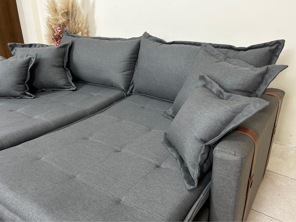 Sofá Cama Retrátil Reclinável Esparta 2.20m – Grafite Linho / Marrom Courino - Móveis furniture