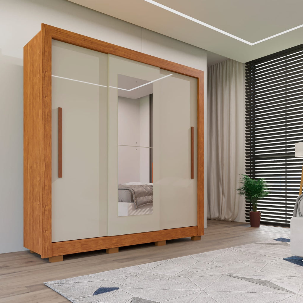 Roupeiro Cannes 3P com Espelho Cinamomo.Off White Imop - Móveis furniture