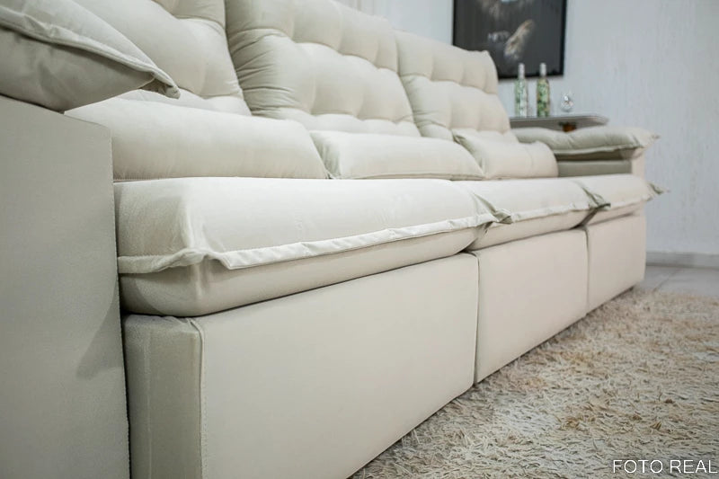 Sofá Retrátil Reclinável Emanuelly 3.20m Veludo Bege 01 - D28 Soft
