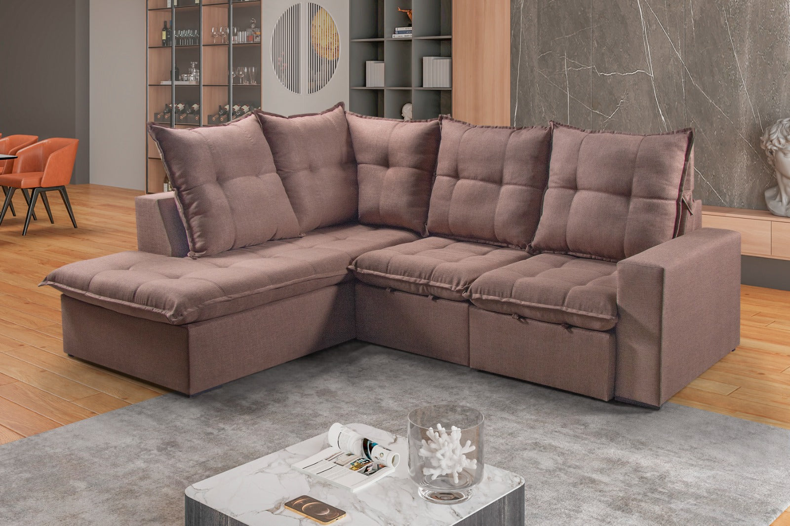 Estofado Retr Reclinavel Colatina 260 2x70 com Chaise 100 Linho Marrom - Móveis furniture