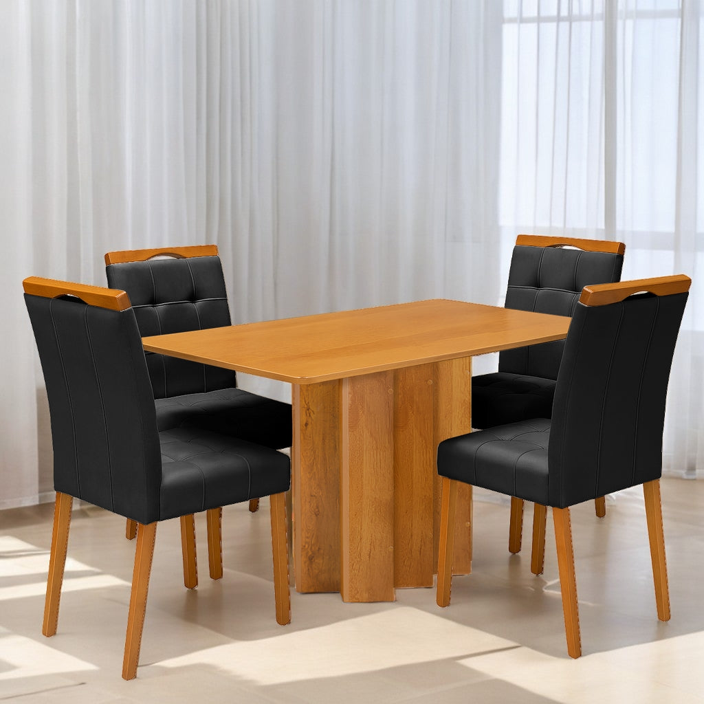 Mesa Recife 120 Cinamono Laminado com 4 Cadeiras Sophia Veludo Preto – CEL MÓVEIS + WM DECOR