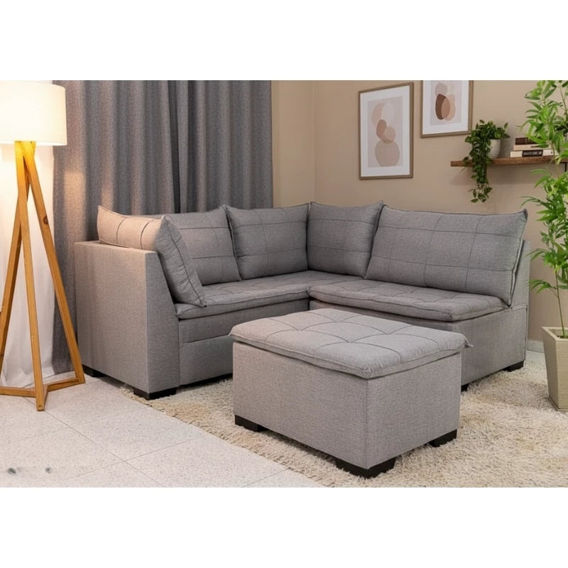 Sofá Canto 5 lugares com Puff Viena Linho Cinza