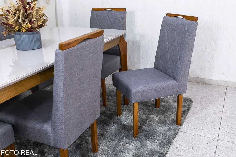 Mesa de Jantar Alegra Tampo Vidro Off 160×80 6 Cadeiras Diamante Linho Cinza 2904 JCM Madeira Maciça - Móveis furniture