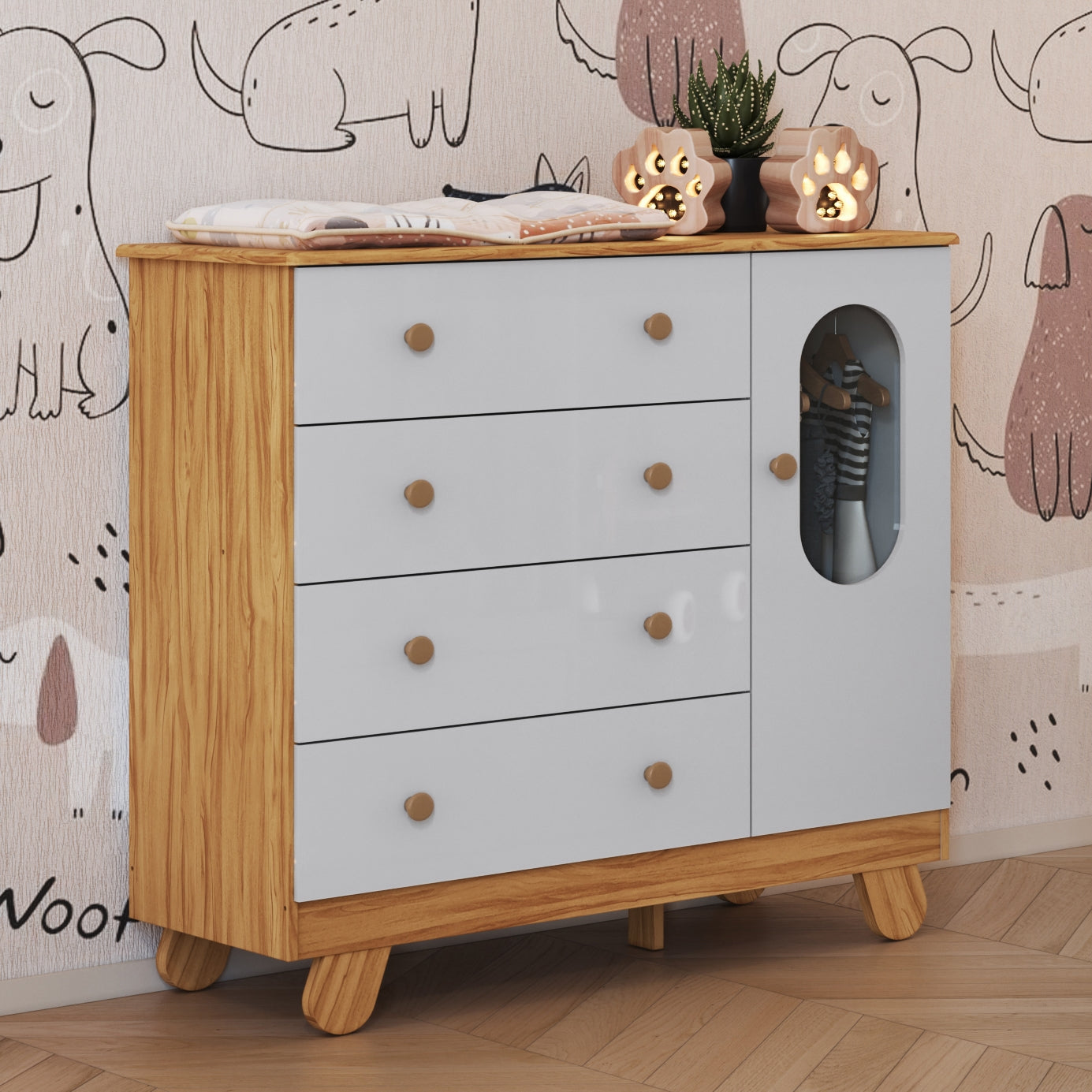 Cômoda Pingo Amêndoa/Branco Brilho – PEROBA MÓVEIS