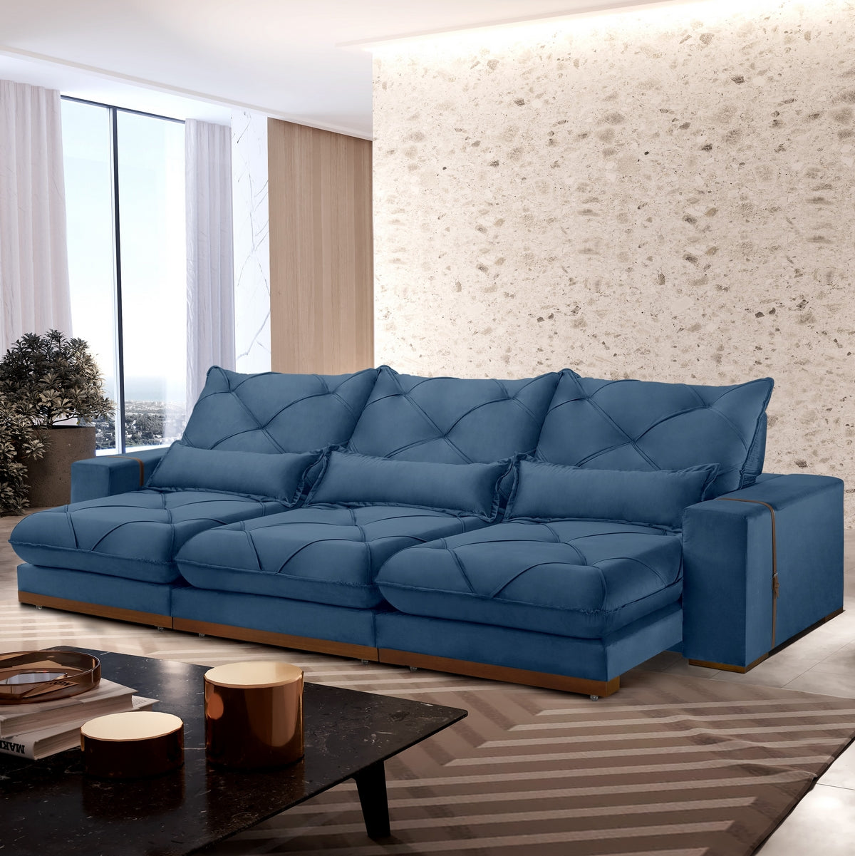 Sofá Retrátil e Reclinável Luanda/Isabella 3,50 m Veludo Azul – TREVO ESTOFADOS - Móveis furniture