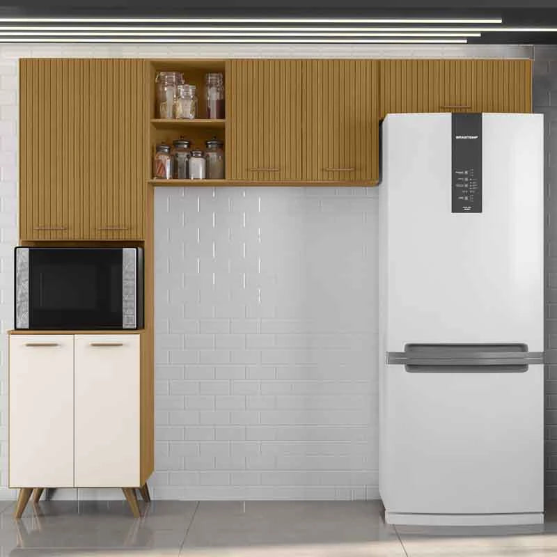 Armário Cozinha Olinda Ripado 3D 3 Peças Paneleiro + Aéreo 1.20m + Aéreo de Geladeira Freijó/Off Poliman - Móveis furniture