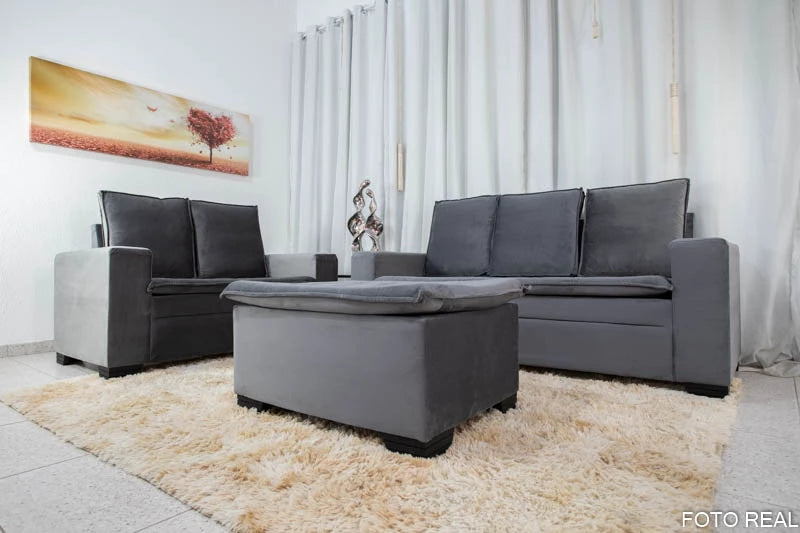 Sofá 3 e 2 lugares França com Puff Veludo Cinza A15 - Móveis furniture