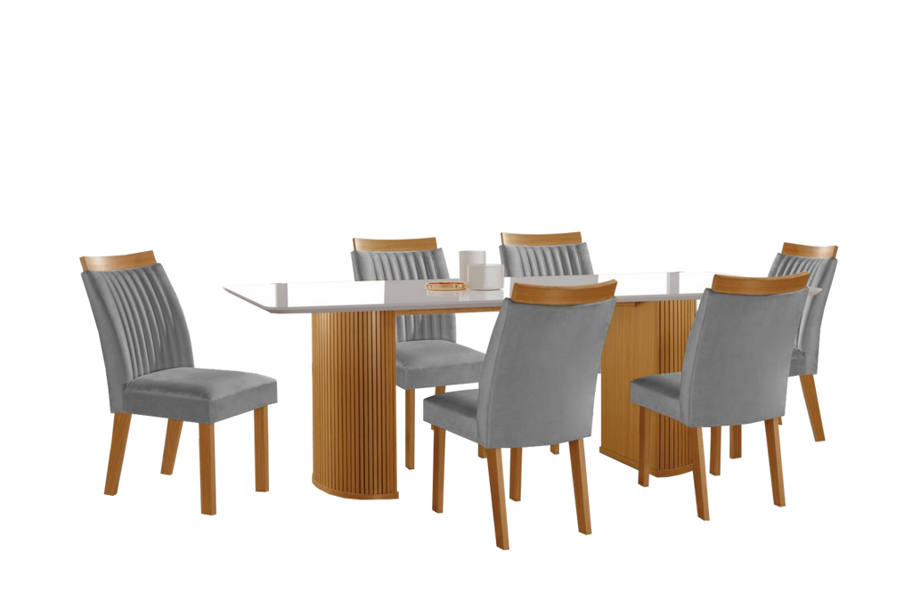 Mesa Dara 180 Cinamono/Off White com 6 Cadeiras Dara/Luna Linho Cinza – LJ MÓVEIS - Móveis furniture