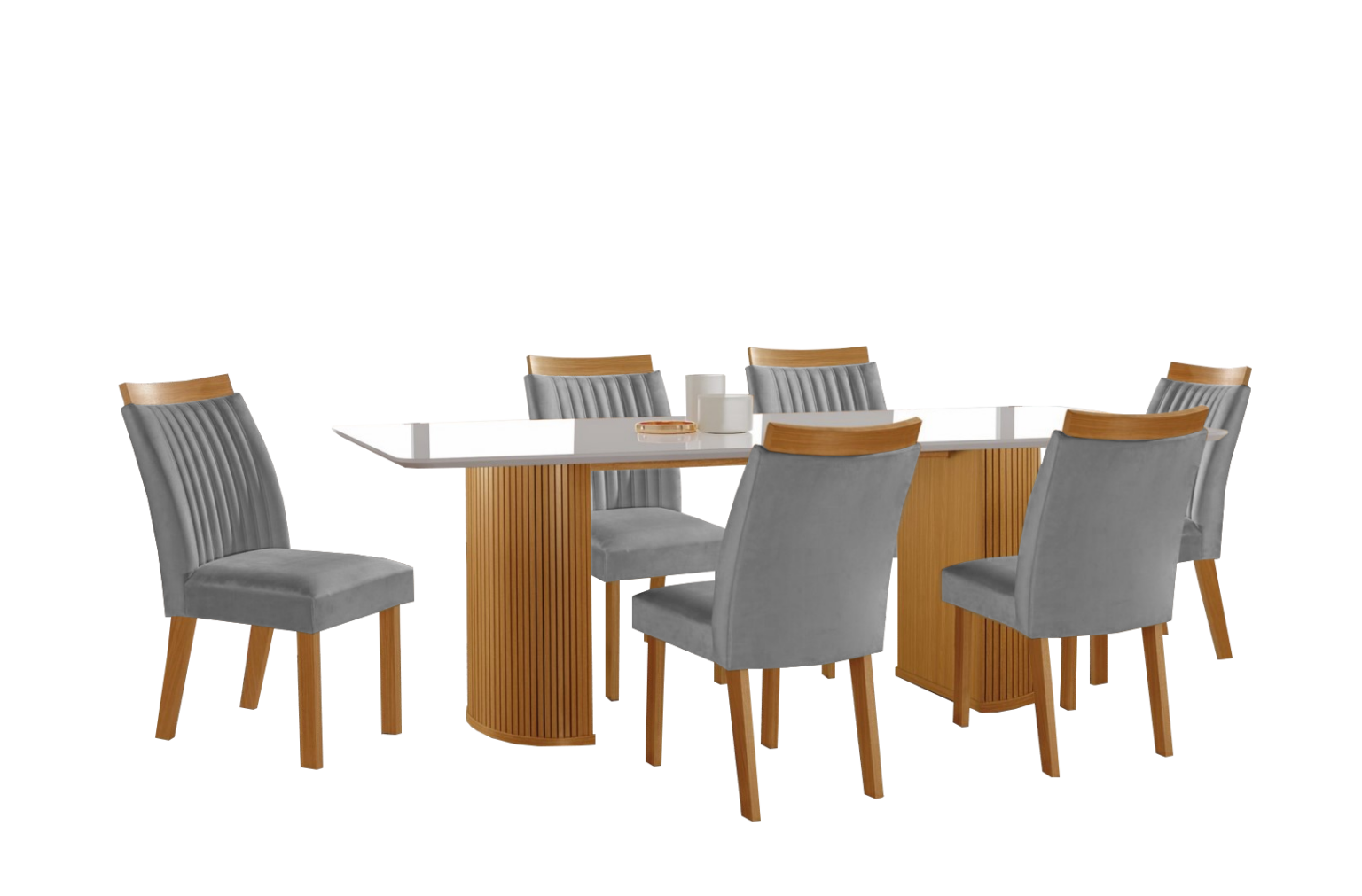 Mesa Dara 180 Cinamono/Off White com 6 Cadeiras Dara/Luna Linho Cinza – LJ MÓVEIS - Móveis furniture