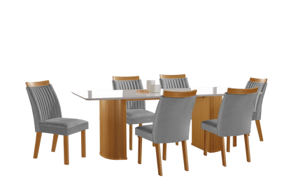Mesa Dara 180 Cinamono/Off White com 6 Cadeiras Dara/Luna Linho Cinza – LJ MÓVEIS - Móveis furniture