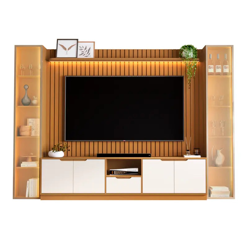 Rack com Painel Tucuma Ripado 230cm com Prateleira 2 Torres e Led 6 Portas 1 Gaveta Jb Bechara