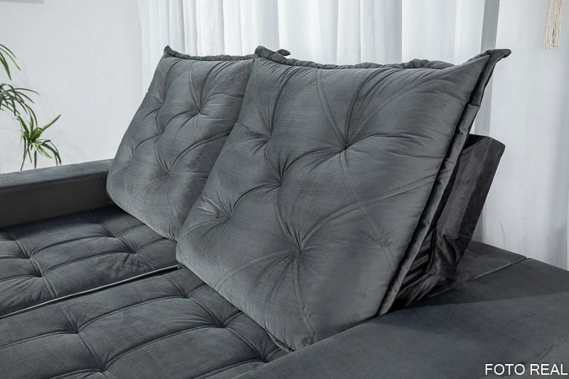 Sofá Retrátil Reclinável Berlim 2.10m Veludo Cinza Escuro 814 - D33 e Molas Ensacadas - Móveis furniture