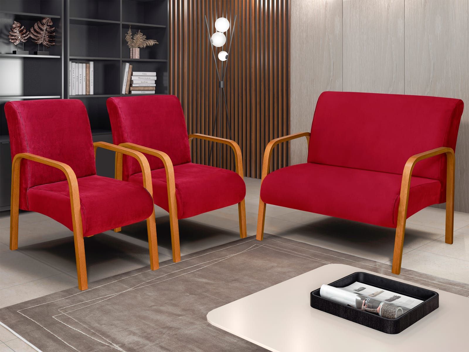 Conjunto de Poltronas Araxa 3Pcs 2.1.1Lgs Veludo Inca vermelho  17 Bem Estar Estofados