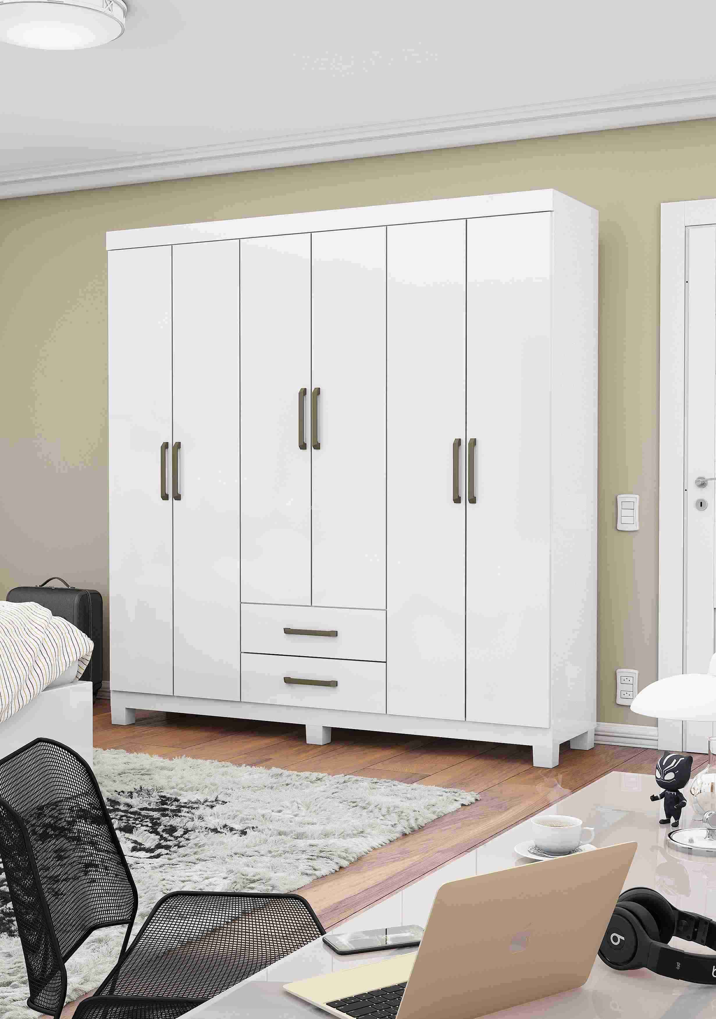 Roupeiro Aires Gold 6P2G com Pes Branco.Branco - Móveis furniture