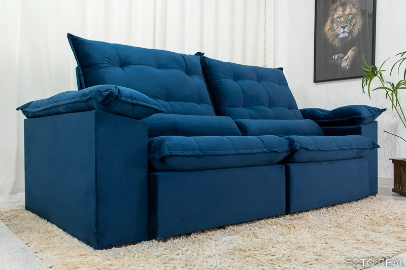 Sofá Retrátil Reclinável 2.90m Emanuelly Veludo Azul - Móveis furniture