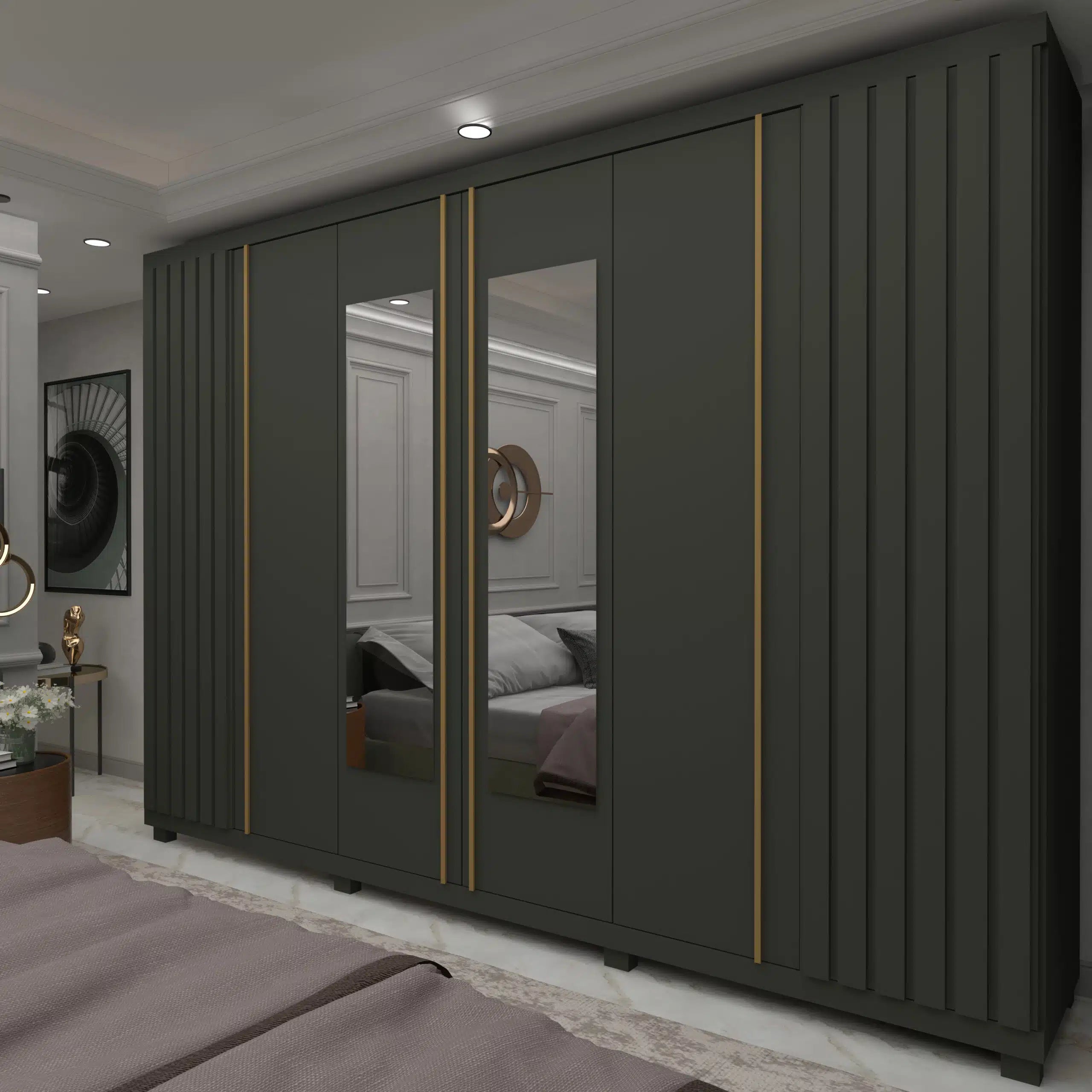 Roupeiro Absolut New Ripado 6P sendo 2P com Espelhos LED e Pes Grafite Gelius