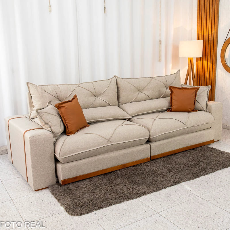 Sofá Retrátil Reclinável Gran Bello 2.90m Linho Bege - Molas Ensacadas