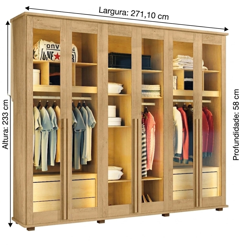 Guarda Roupa Royal Casal com Led 6 Portas 4 Gavetas Rv Móveis