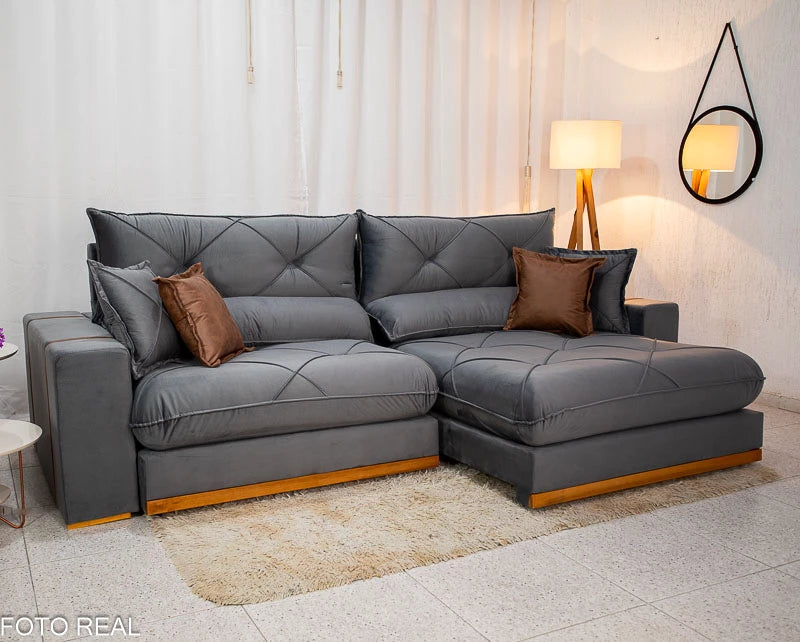 Sofá Retrátil Reclinável Gran Bello 2.90m Veludo Cinza 20 - Molas Ensacadas