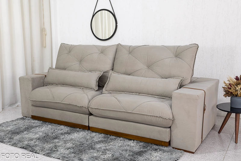 Sofá Retrátil Reclinável Luanda 2.50m Veludo Bege 02 - Molas Ensacadas - Móveis furniture