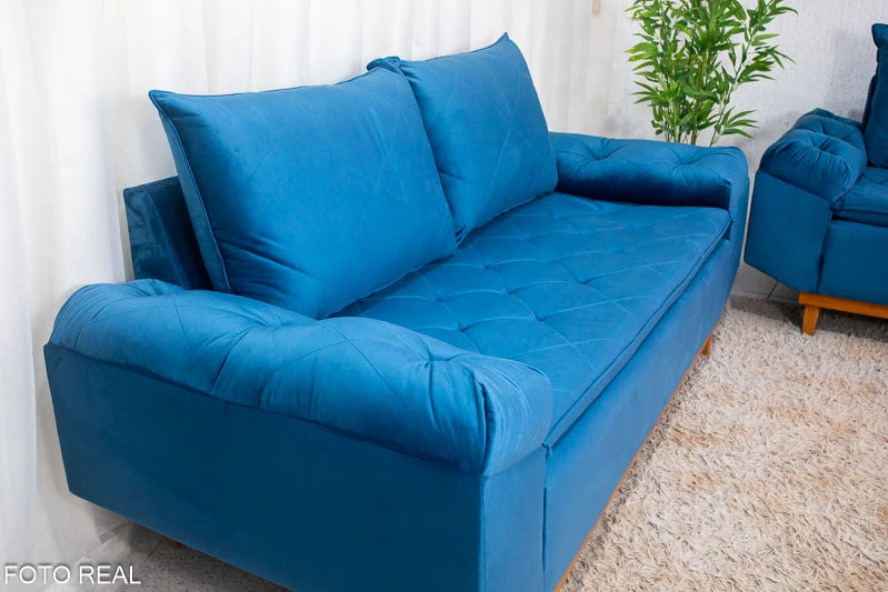 Sofá 3 e 2 lugares Bélgica Veludo Azul - Móveis furniture