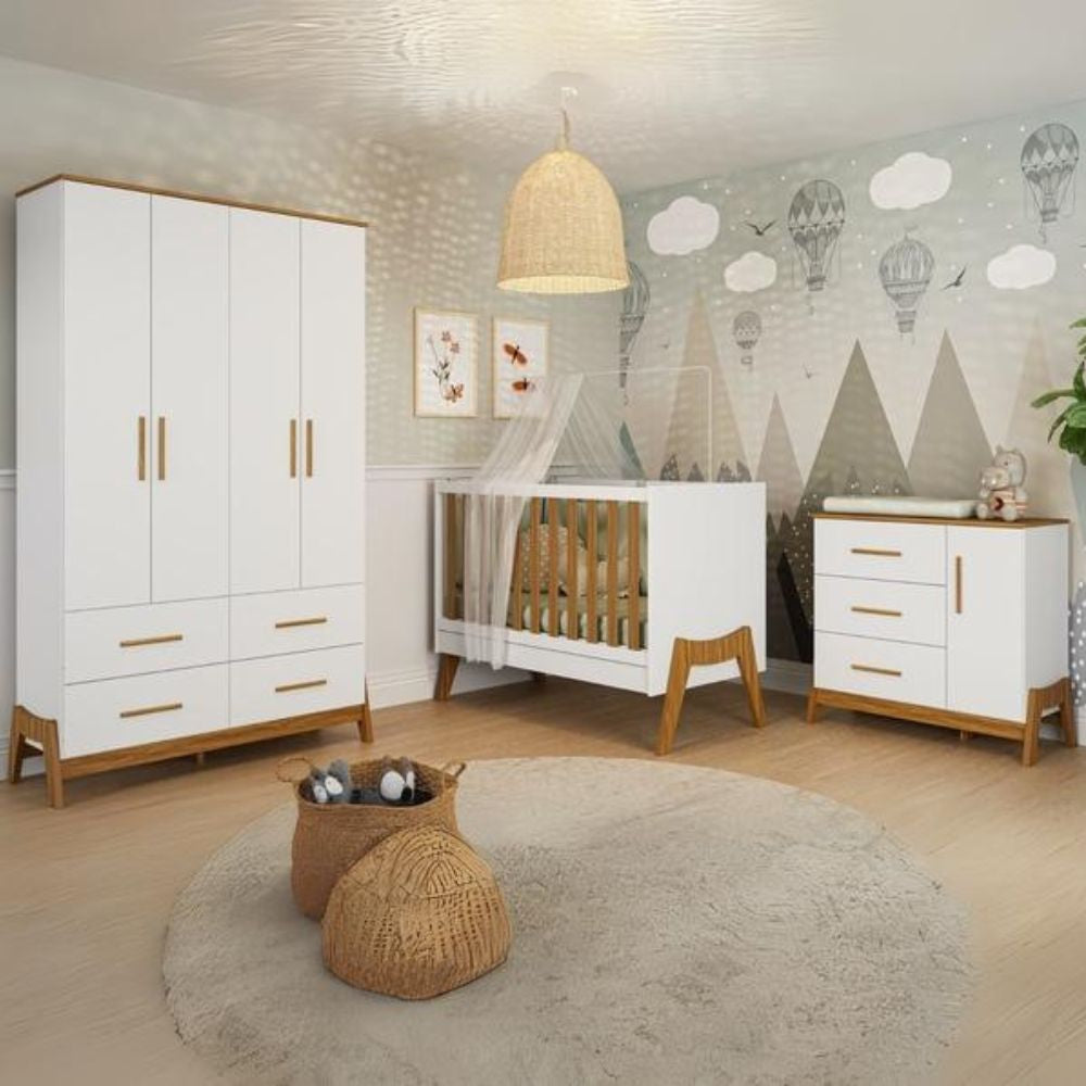 Guarda-Roupa 4 Portas + Cômoda + Berço Guti Retrô Branco Brilho/Amêndoa – PEROBA MÓVEIS - Móveis furniture