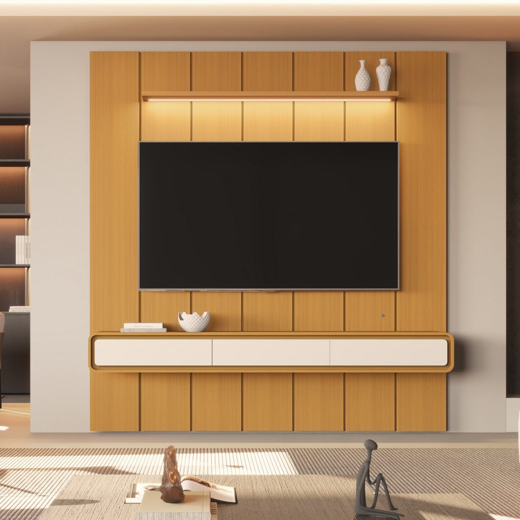 Painel até 75″ Lumi 2,19 m Cedro + Nicho Liv 2,18 m Cedro/Off White – EDN MÓVEIS
