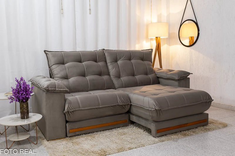 Sofá Retrátil Reclinável Barcelona 2.30m Veludo Cinza - D33 e Molas Ensacadas
