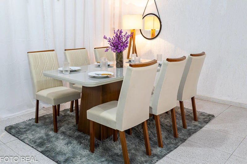 Mesa Jantar Luna Imbuia Tampo Vidro Off Canto Copo 180×90 6 Cadeiras Alegra Veludo Creme Madeira Maciça Rufato - Móveis furniture