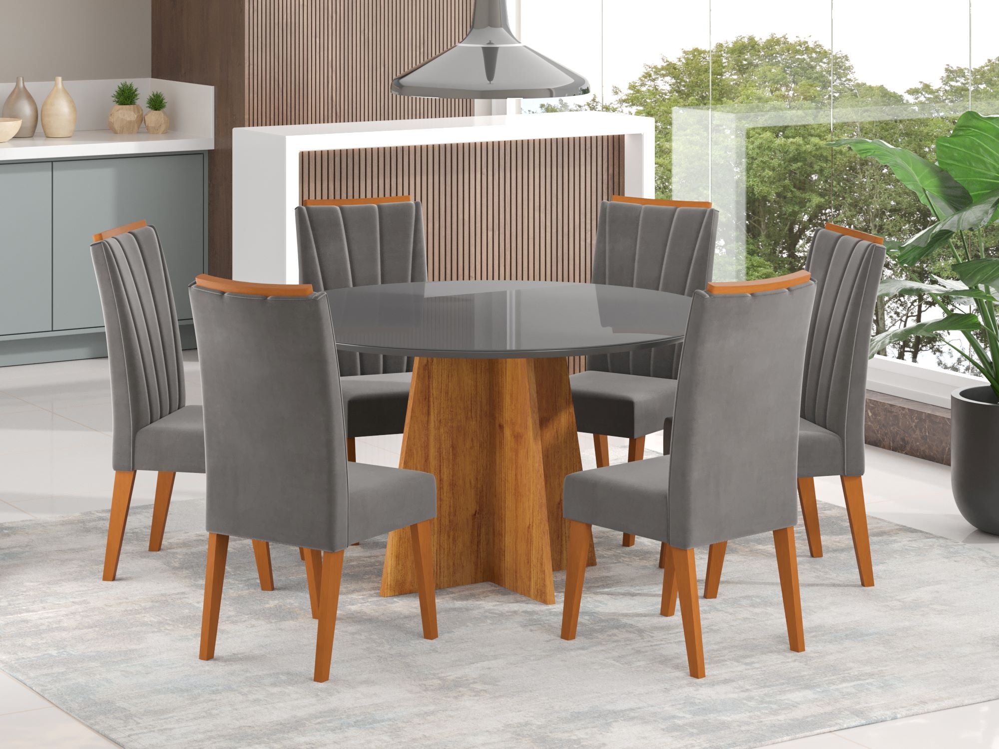 Sala Daila.Nicole 135 Mel Blonde.Grafite com 6 Cadeiras Sarifa Mel Blonde Veludo Grafite Viero - Móveis furniture