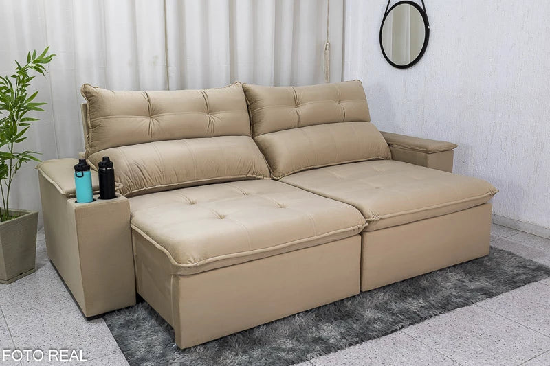 Sofá Retrátil Reclinável 2.50m Austrália Veludo Bege E-18 - Espuma D33 - Móveis furniture