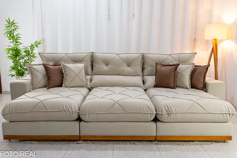 Sofá Retrátil Reclinável Gran Bello 3.20m Veludo Bege - D33 e Molas Ensacadas