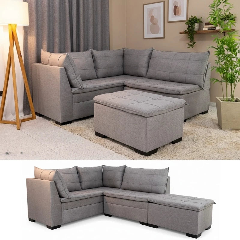 Sofá Canto 5 lugares com Puff Viena Linho Cinza