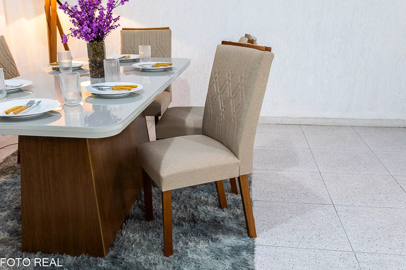 Mesa Jantar Luna Imbuia Tampo Vidro Off Canto Copo 180×90 6 Cadeiras Alegra Linho Bege Turim 07 Madeira Maciça Rufato - Móveis furniture