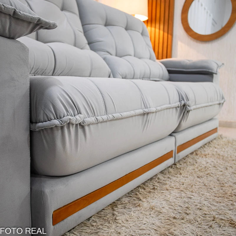 Sofá Retrátil Reclinável Barcelona 2.30m Veludo Prata  - D33 e Molas Ensacadas