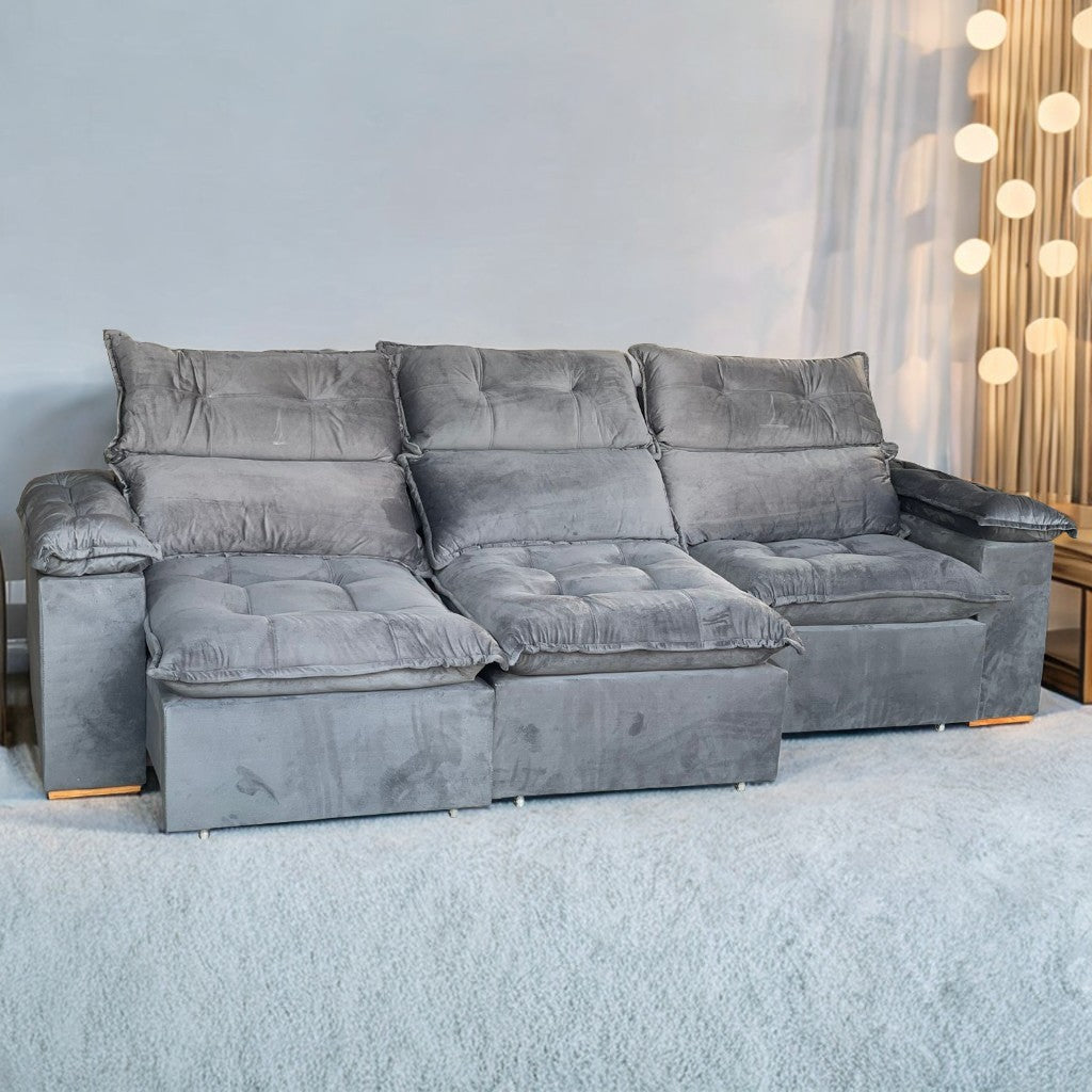 Sofá Retrátil e Reclinável Imperial 2,75 m Veludo Jolie Cinza 08 – IMPERIAL DECOR - Móveis furniture