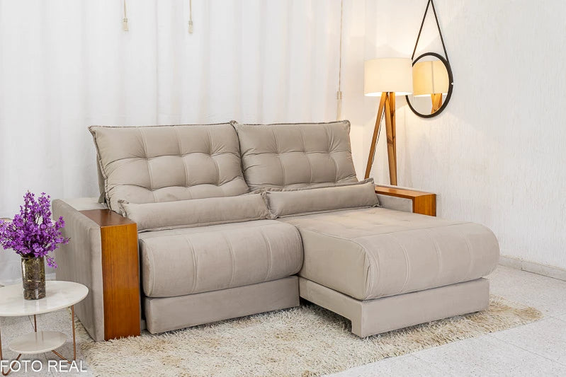 Sofá Retrátil Reclinável 2.30m Gênova Veludo Bege  - Molas Ensacadas