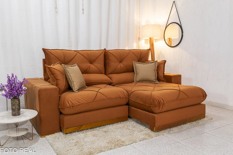 Sofá Retrátil Reclinável 2.30m Gran Bello Veludo Terracota - D33 e Molas Ensacadas