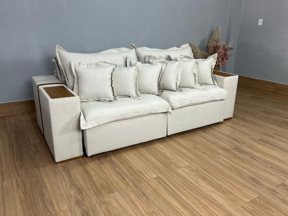 Sofá Cama Retrátil Reclinável Gabriella 2,10m Mod.80 – Bege Linho / Marrom Courino