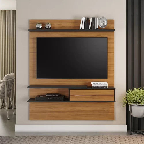 Painel Home Suspenso Para TV Até 55 Polegadas 1 Porta Sala de Estar Marrom Madeira e Preto Preto/Marrom - Móveis furniture